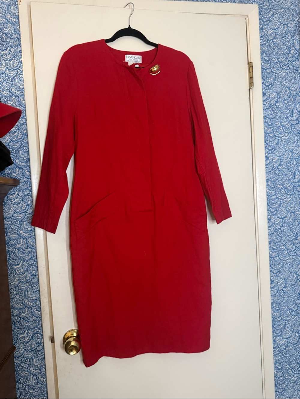 Givenchy Vibrant Red Long Sleeve Shift Dress with Gold Accent